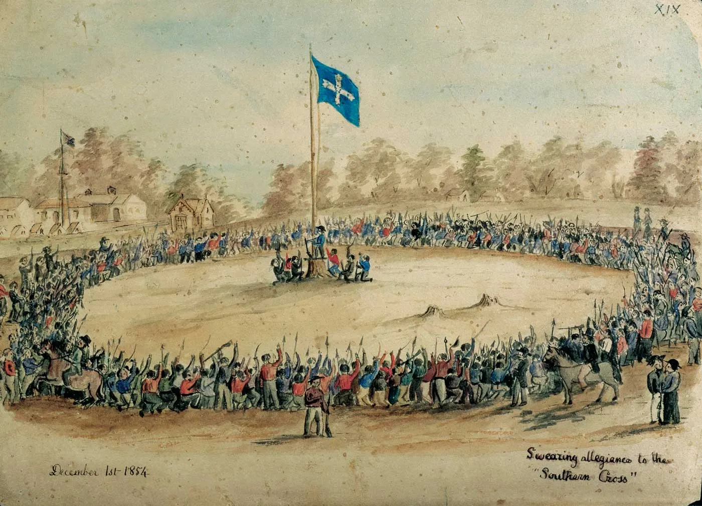 A painting of a large group of miners gathered in a circle around a flagpole, kneeling and raising hands and objects into the air, as the Eureka flag is raised. The title reads 'Swearing allegiance to the "Southern Cross"' and dated 'December 1st 1854'. A painting of a large group of miners gathered in a circle around a flagpole, kneeling and raising hands and objects into the air, as the Eureka flag is raised. The title reads 'Swearing allegiance to the "Southern Cross"' and dated 'December 1st 1854'.