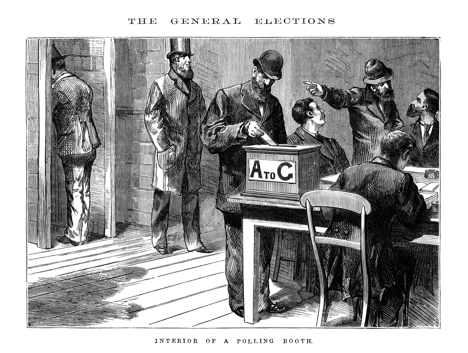 Historical black and white engraving from 1880 of men in a polling booth. One man puts his ballot in a box marked 'A to C'. Historical black and white engraving from 1880 of men in a polling booth. One man puts his ballot in a box marked 'A to C'.