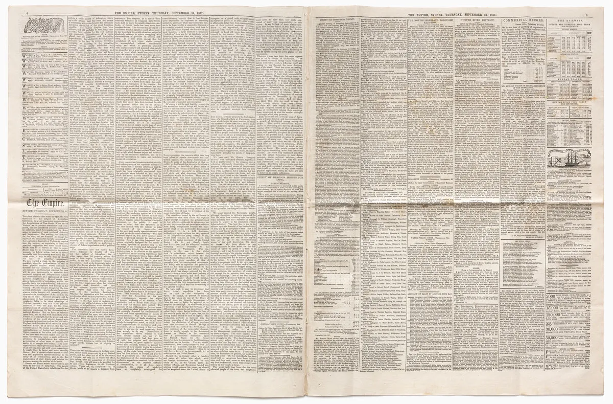 Two pages of the heavily typed copy of The Empire newspaper from September 1857. Two pages of the heavily typed copy of The Empire newspaper from September 1857.