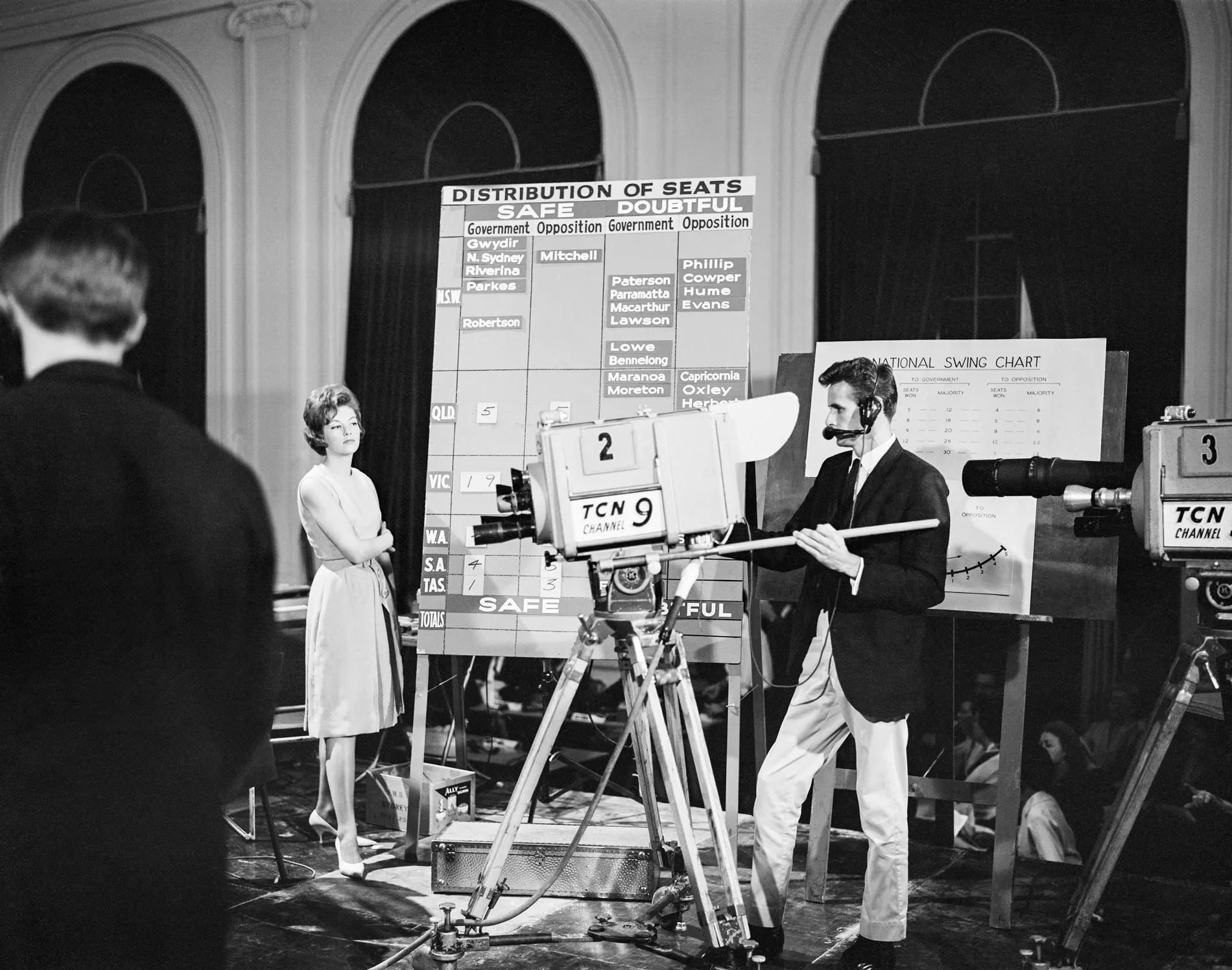 A cameraman and a reporter stand in front of a tally board in Canberra during the 1963 election. A cameraman and a reporter stand in front of a tally board in Canberra during the 1963 election.