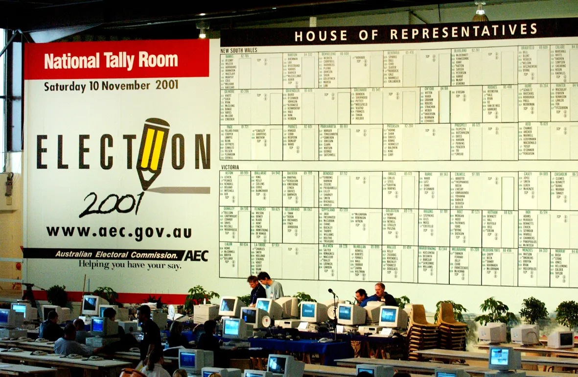 The giant National Tally Room board for the 2001 federal election. The giant National Tally Room board for the 2001 federal election.