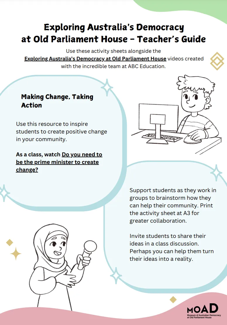 Preview of a student learning resource about Australia's democracy and making change.