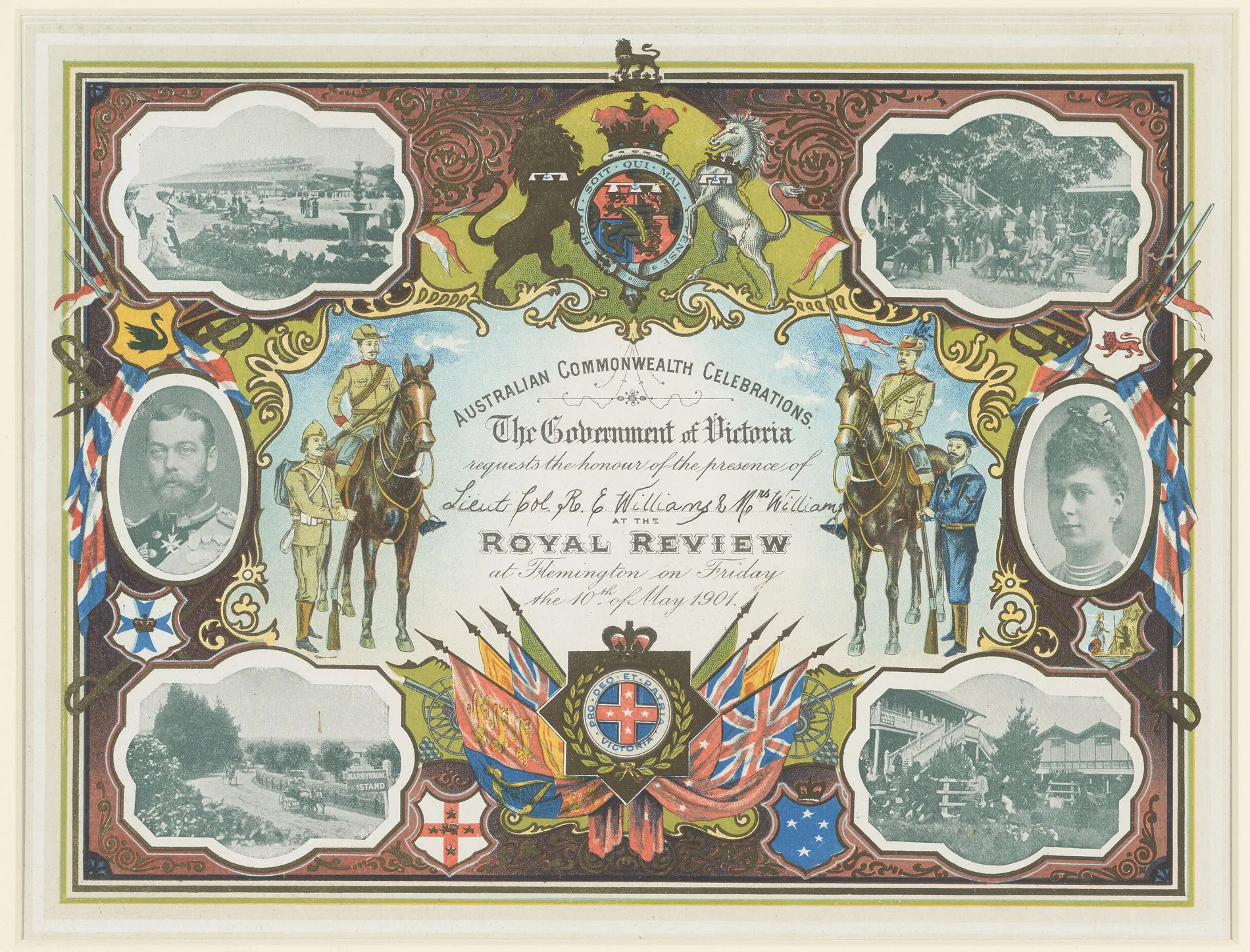 Invitation to the Royal Review 1901 featuring photographs of the Duke and Duchess of York and Flemington Racecourse.