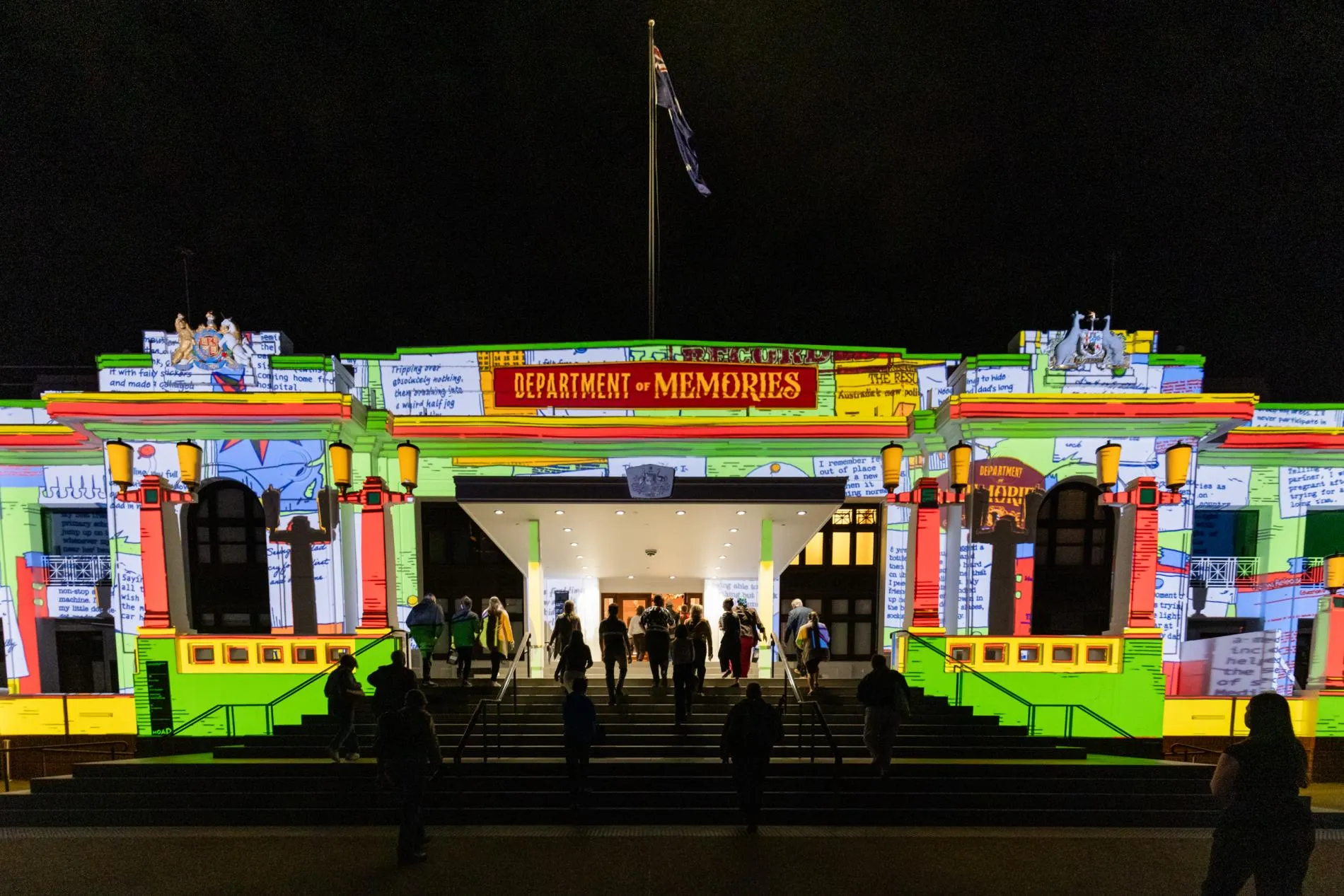 The front of Old Parliament House illuminated with illustrations and text that reads 'Department of Memories'.