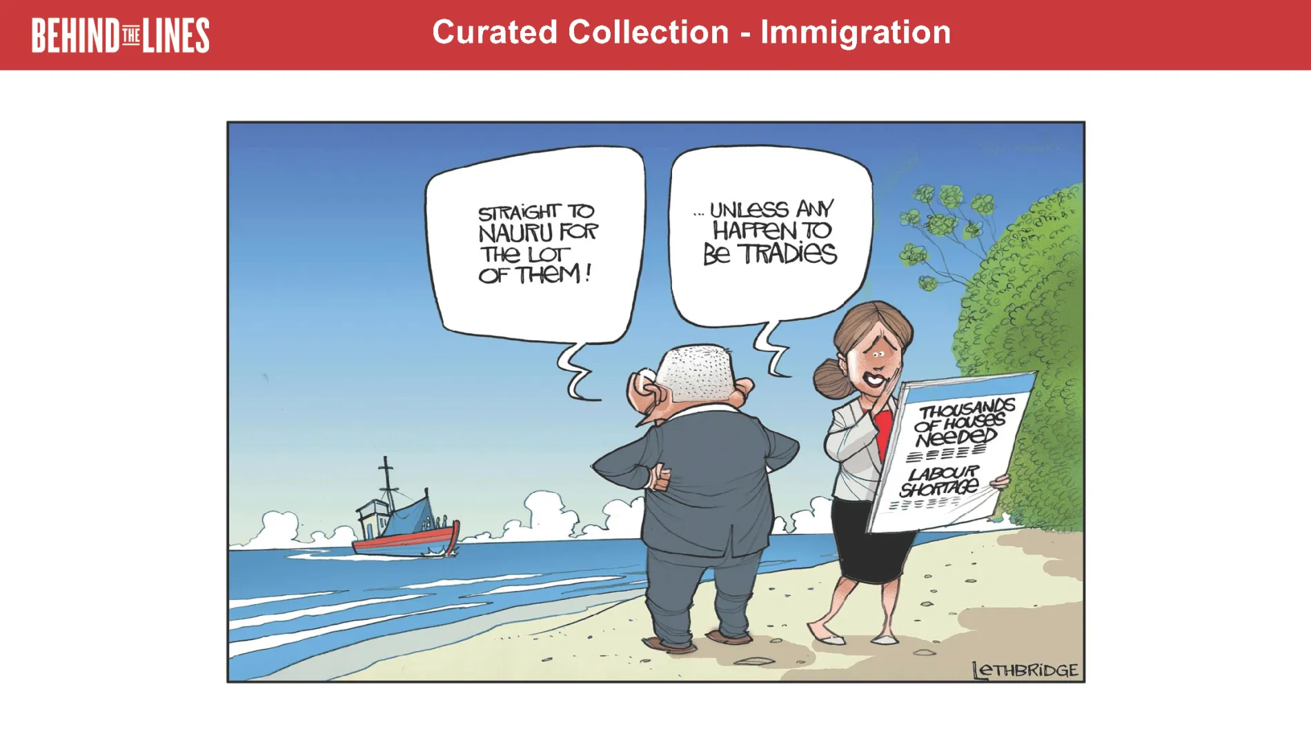 The first page of the Immigration activity sheet, it features an illustration of politicians being picky about people coming into the country, the joke implies that they'll only let people in if they're a tradie.