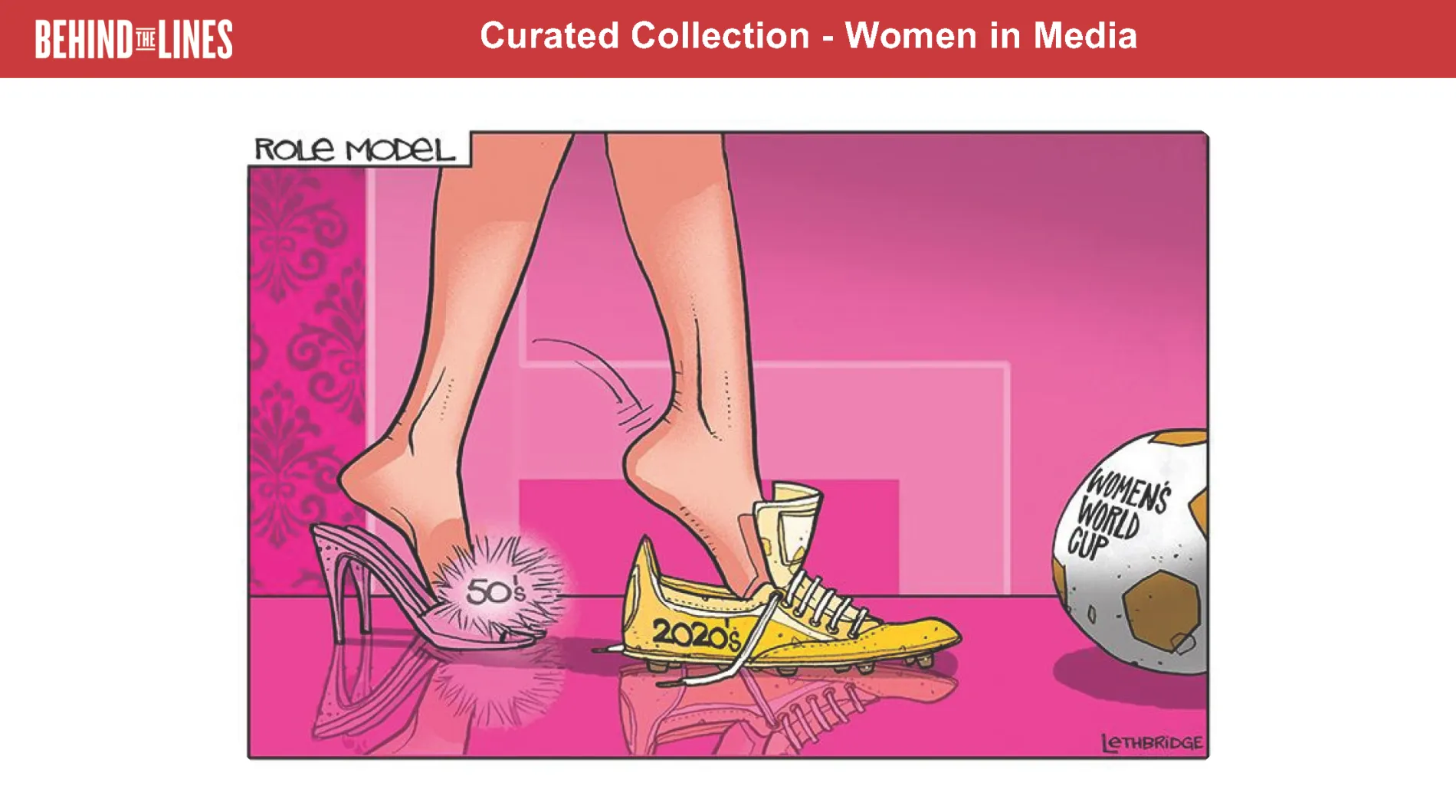 The first page of the Women in Media activity sheet, it features an illustration showing someone stepping out of a high heel with the title "50's and into a soccer boot with the title "2020's""