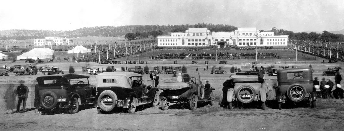 Cars gathered near Old Parliament House on the opening day, 9 May 1927