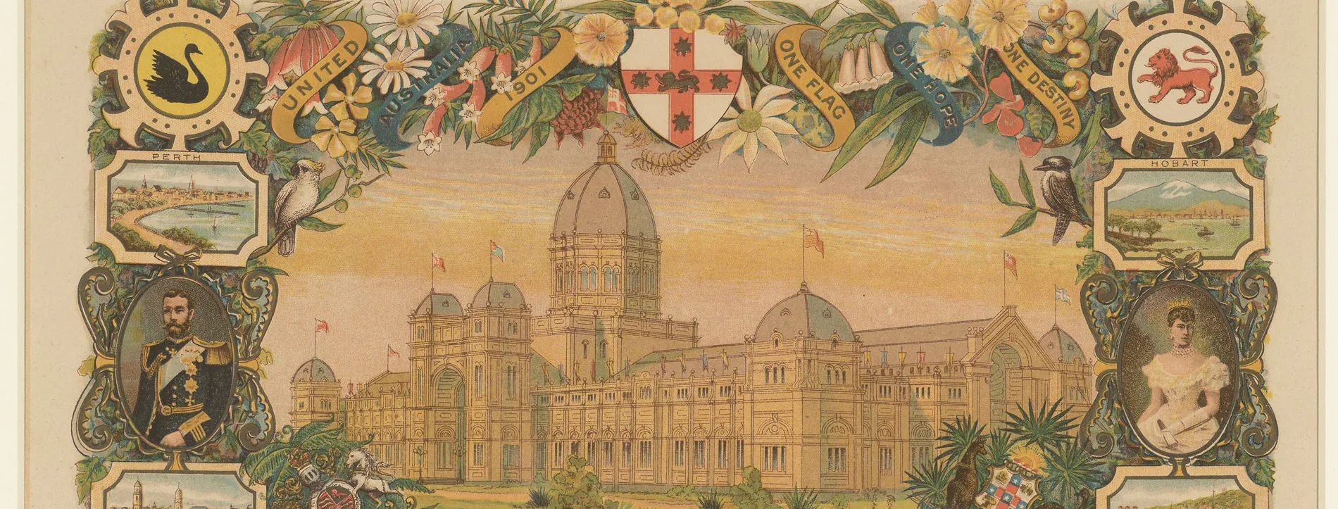 An invitation for an event for the opening of parliament in 1901 featuring an illustration of Melbourne's Exhibition Building and each Australian state's capital city.