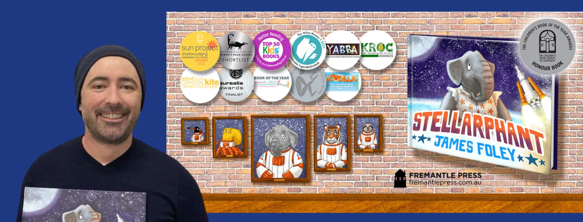 A photo of James Foley next to a line up of awards for his book 'Stellarphant'.