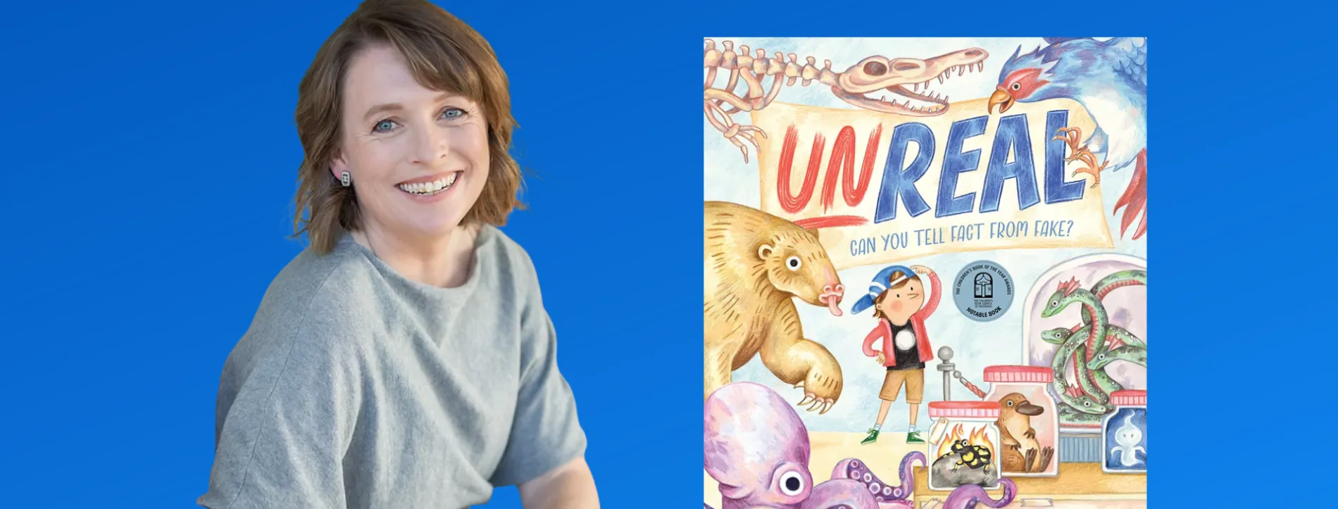 A graphic of Kate Simpson next to the cover of her 'Unreal'