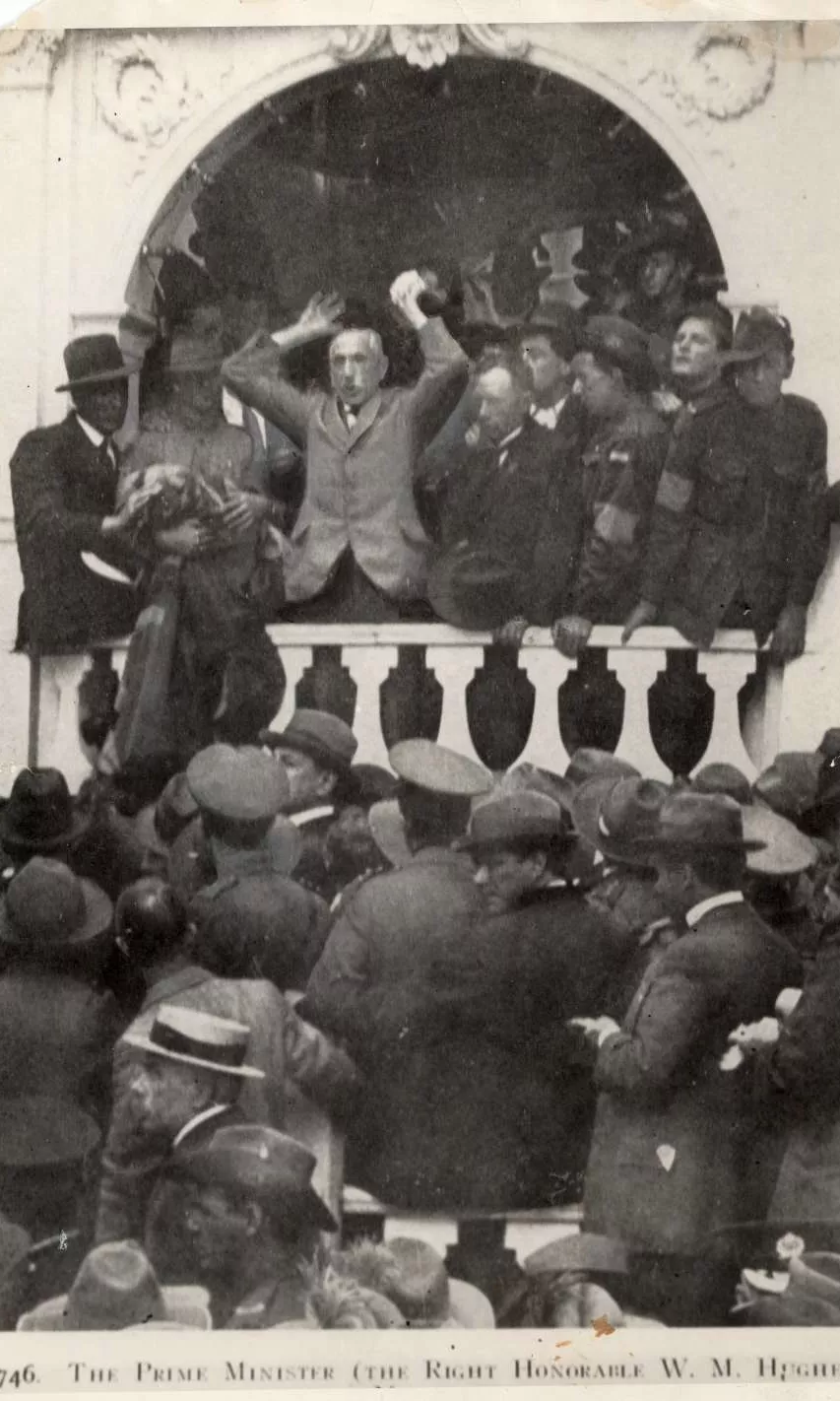 William 'Billy' Morris Hughes speaks to a crowd from a balcony William 'Billy' Morris Hughes speaks to a crowd from a balcony