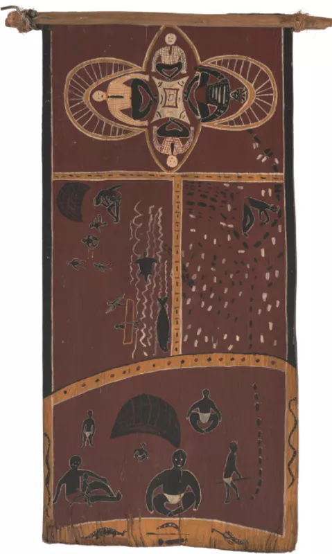 A long rectangular bark painting, divided into four scenes depicting people interacting in different ways.