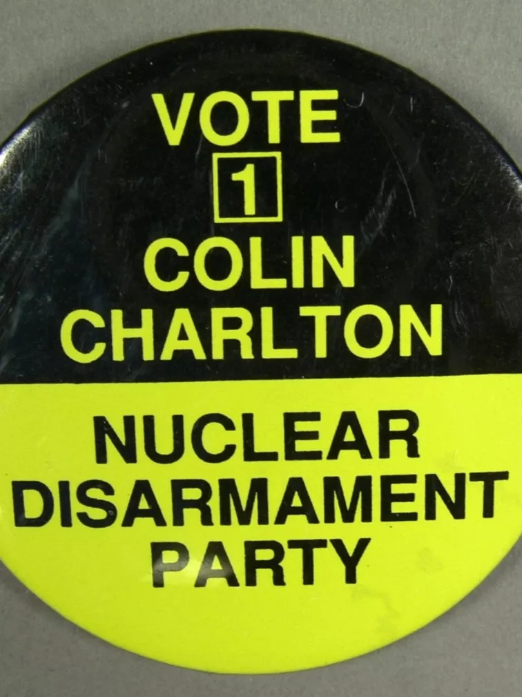 Nuclear Disarmament Party badge, 1980s. Election badge