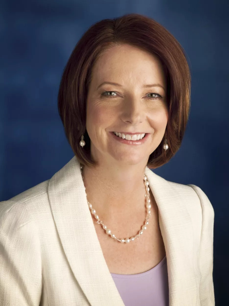 Julia Gillard. Julia Gillard wearing a pearl necklace and earrings and a white jacket.