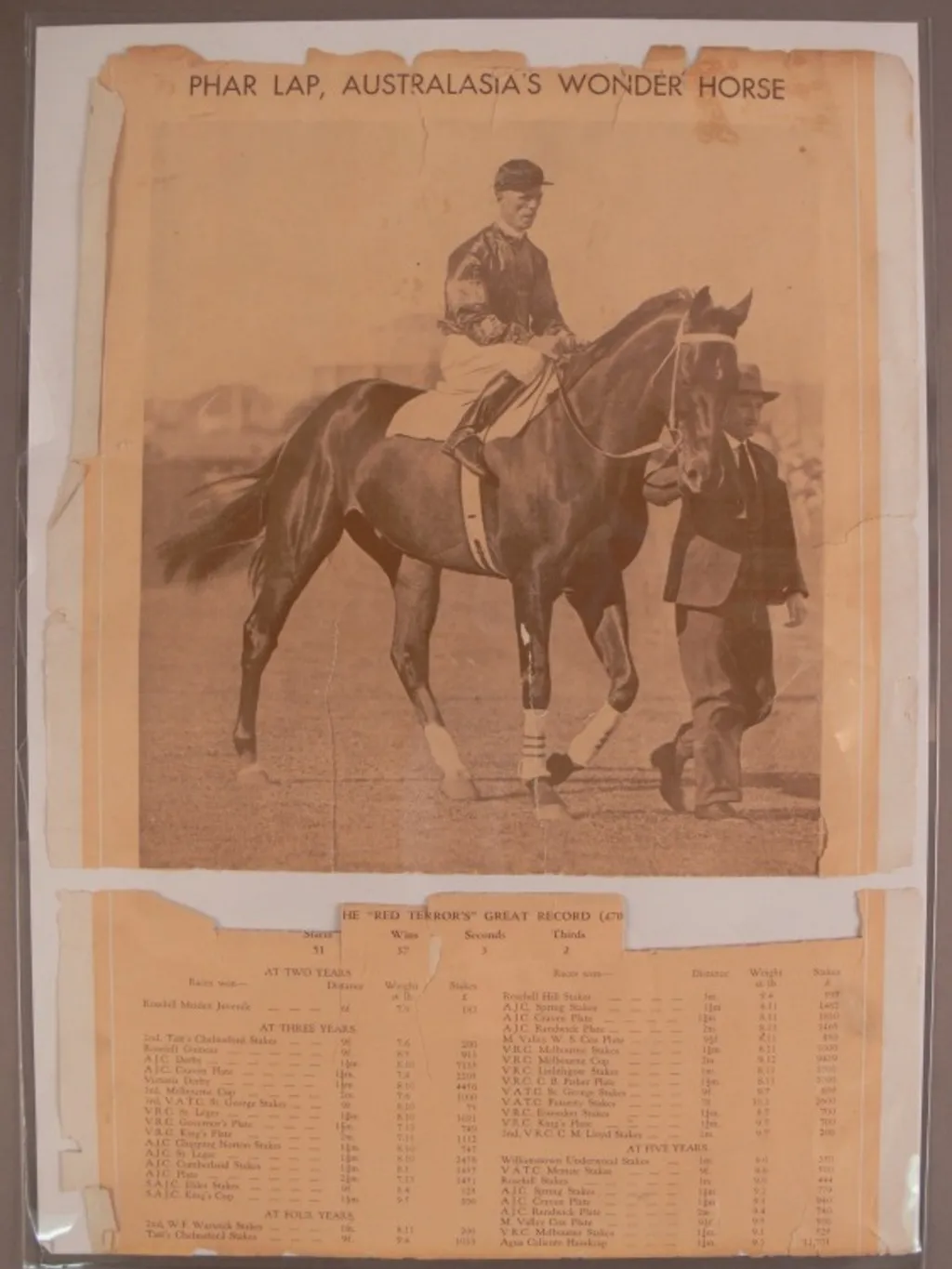 Poster entitled 'Phar Lap, Australasia's Wonder Horse', showing a man riding a horse, and below are listed various horseracing statistics. Poster entitled 'Phar Lap, Australasia's Wonder Horse', showing a man riding a horse, and below are listed various horseracing statistics.