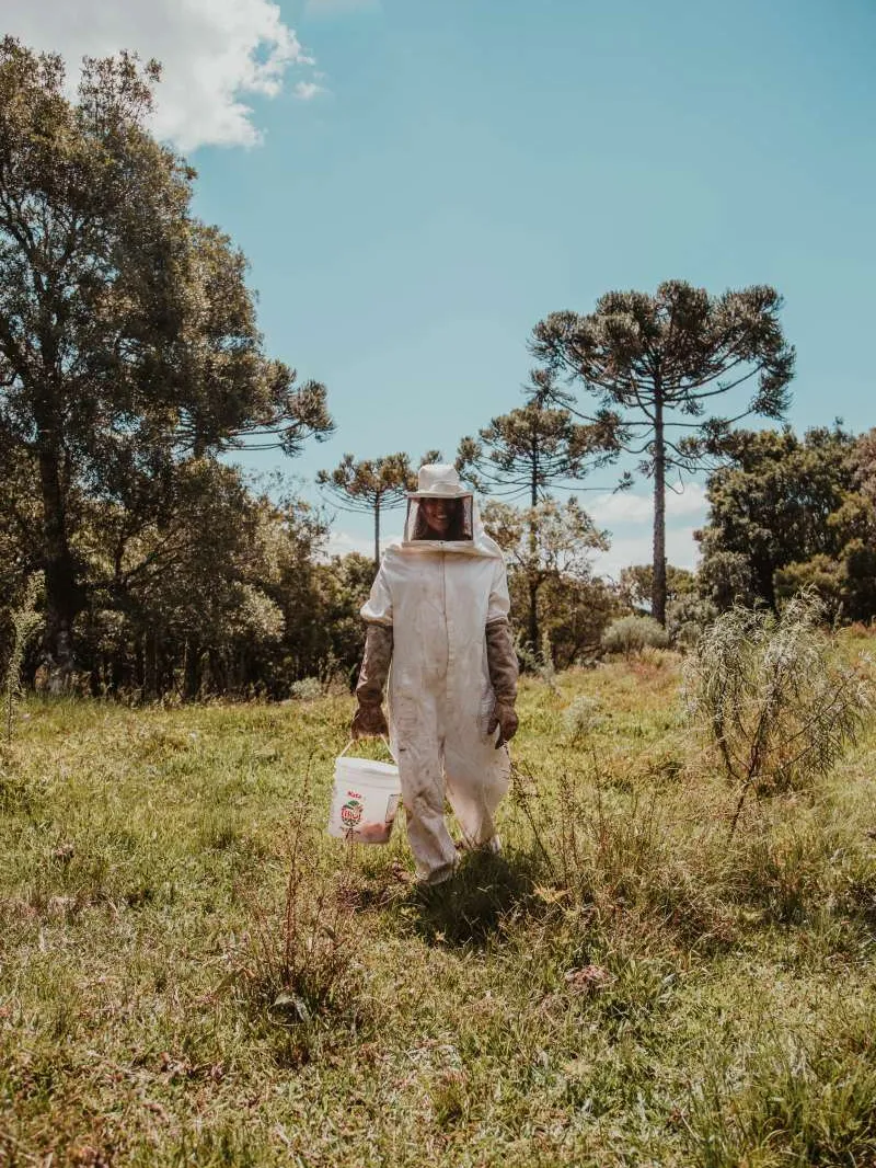 Beekeeping clubs, businesses and individuals are working with council, schools, and conservation groups to protect bee populations. A person standing in a field wearing a beekeeper suit and holding a bucket.