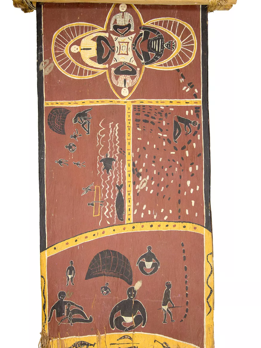 A bark painting that shows Senator Neville Bonner’s life in four scenes A bark painting that shows Senator Neville Bonner’s life in four scenes