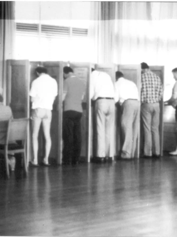 People vote in partitioned polling booths in a hall. People vote in partitioned polling booths in a hall.