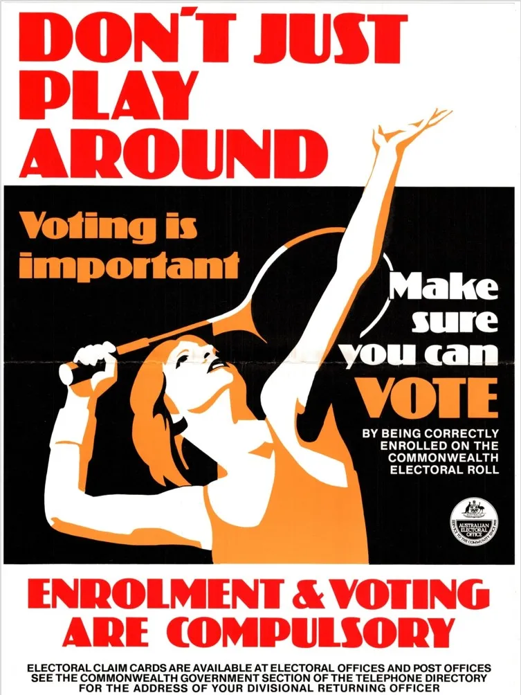 Historical enrol to vote poster about the importance of voting and not just 'playing around'.
Courtesy of the Australian Electoral Commission A red, black and orange enrol to vote poster with a woman holding a tennis racquet. Text reads 'Don't just play around. Enrolment and voting are compulsory.'