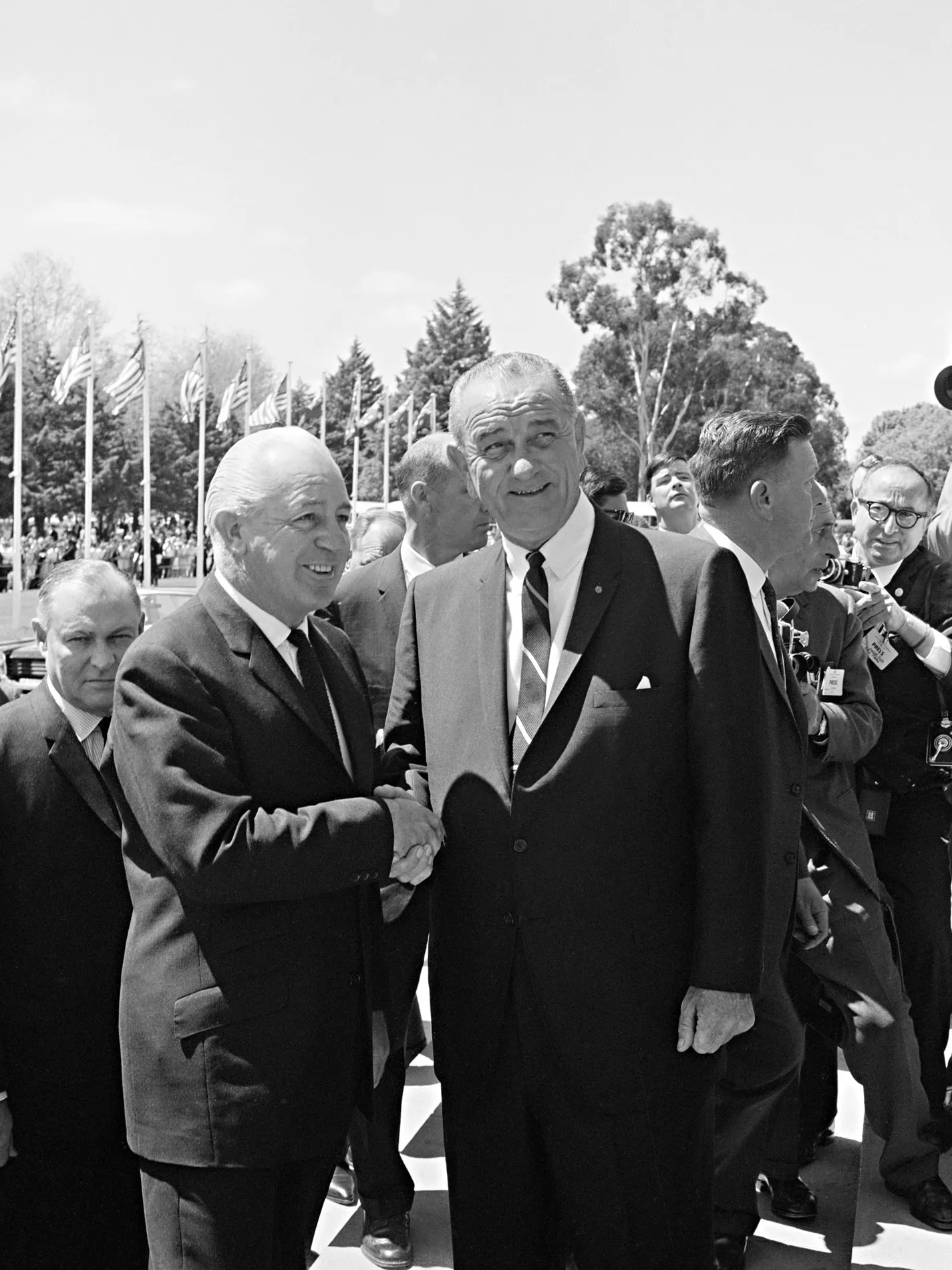 Prime Minister Harold Holt and US President Lyndon B Johnson on the steps of Parliament House.