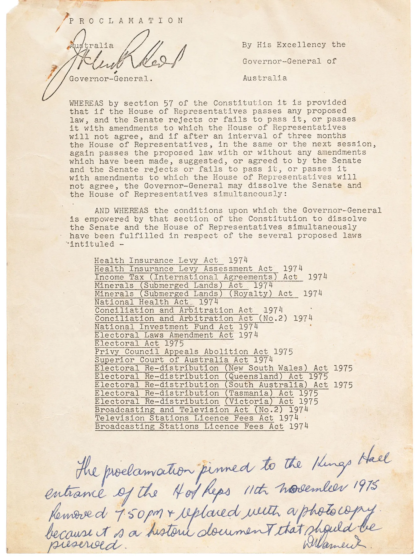 Front page of the proclamation dissolving parliament in 1975.