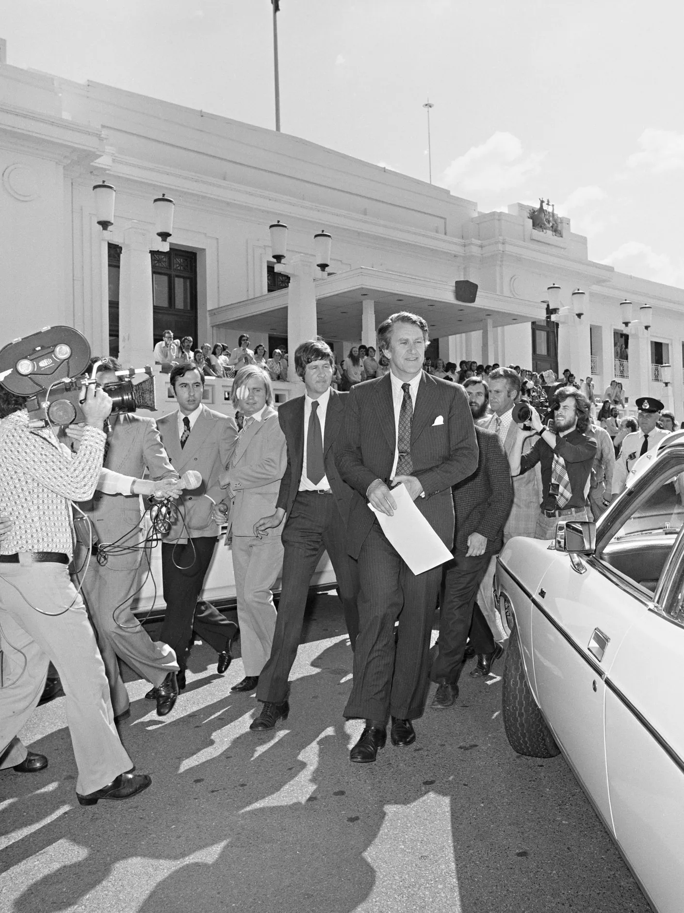 Malcolm Fraser leaves Parliament House after the dissolution of parliament in 1975.