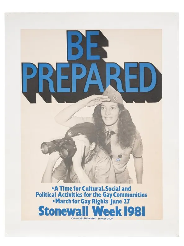A poster for Stonewall Week 1981 mounted onto some card on a white background. The poster features a black and white image of scouts, looking out towards the left in front of some big, bold text that says 'be prepared'.