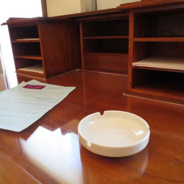 White ceramic ashtray on desk. A round white ceramic ashtray sitting on a wooden desk.