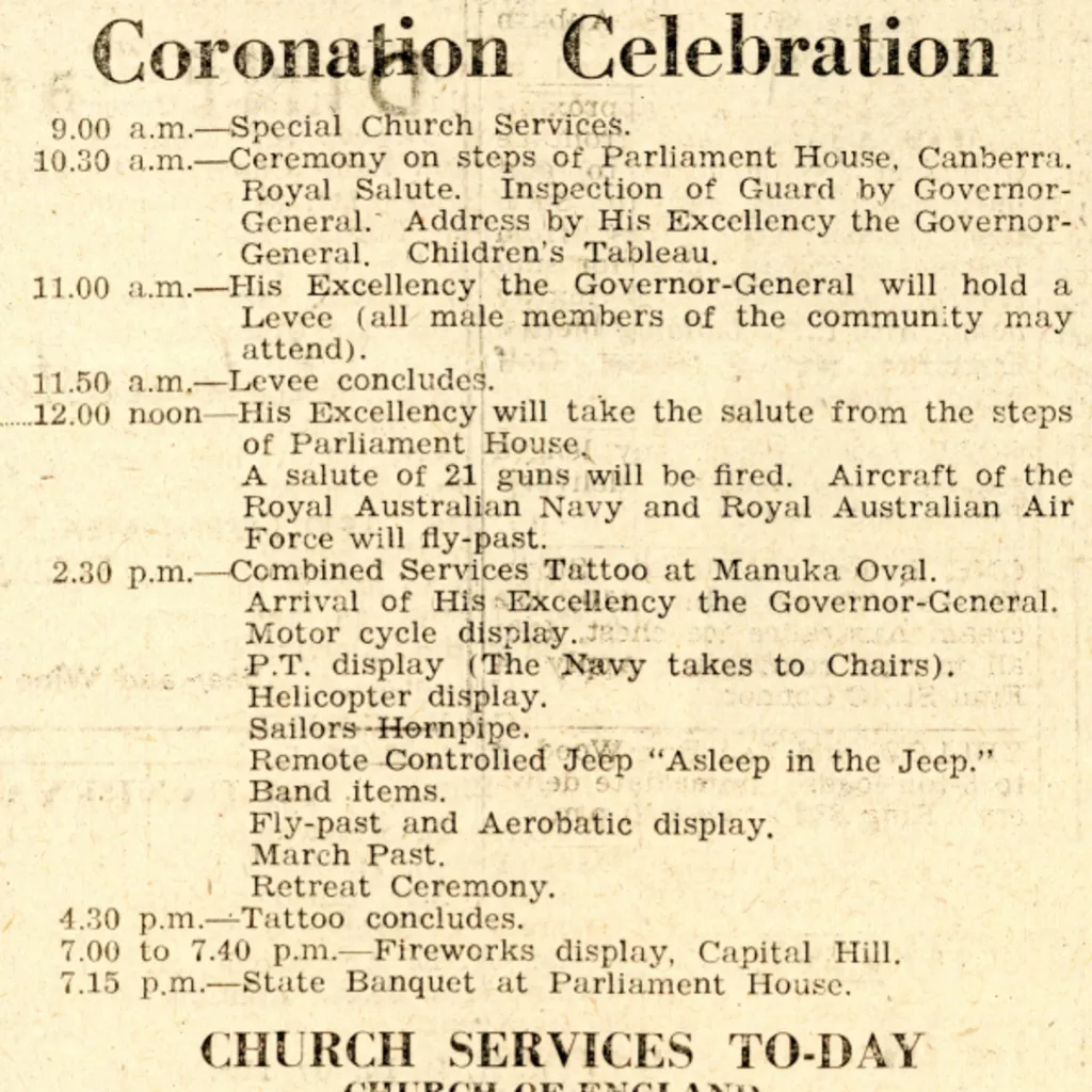 The program for the coronation celebrations, The Canberra Times, 2 June 1953. A newspaper cutting with the heading 'Coronation Celebration' outlining the proceedings for coronation day in Canberra.