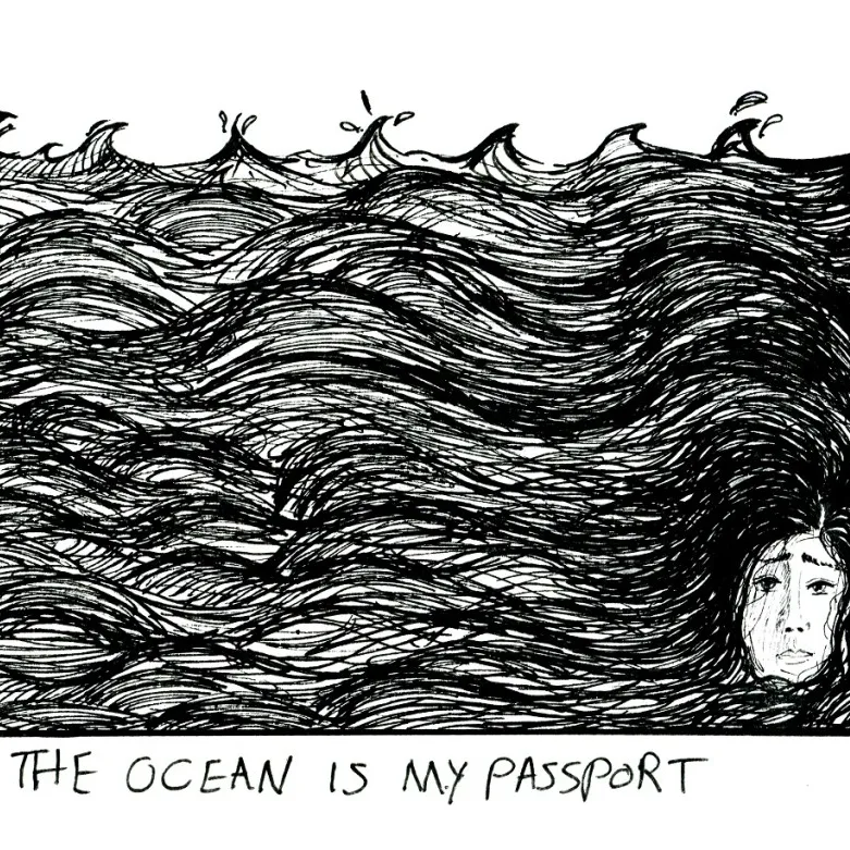 A hand-drawn illustration showing a face surrounded by water and waves, with the title 'The ocean in my passport'.