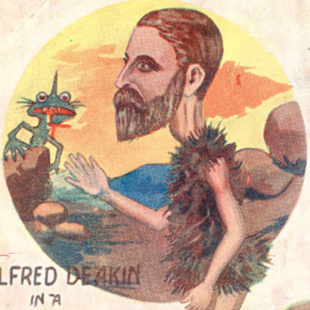 'Affable Alfred’ Deakin was usually shown as an amiable fellow, a gifted orator with a thoughtful, reasoned mind. This postcard however attempts to paint him as a fraud, showing him wearing ‘borrowed plumes’, taken from an old Greek fable. A cartoon of 'Affable Alfred' Deakin, with him wearing 'borrowed plumes', taken from an old Greek fable.