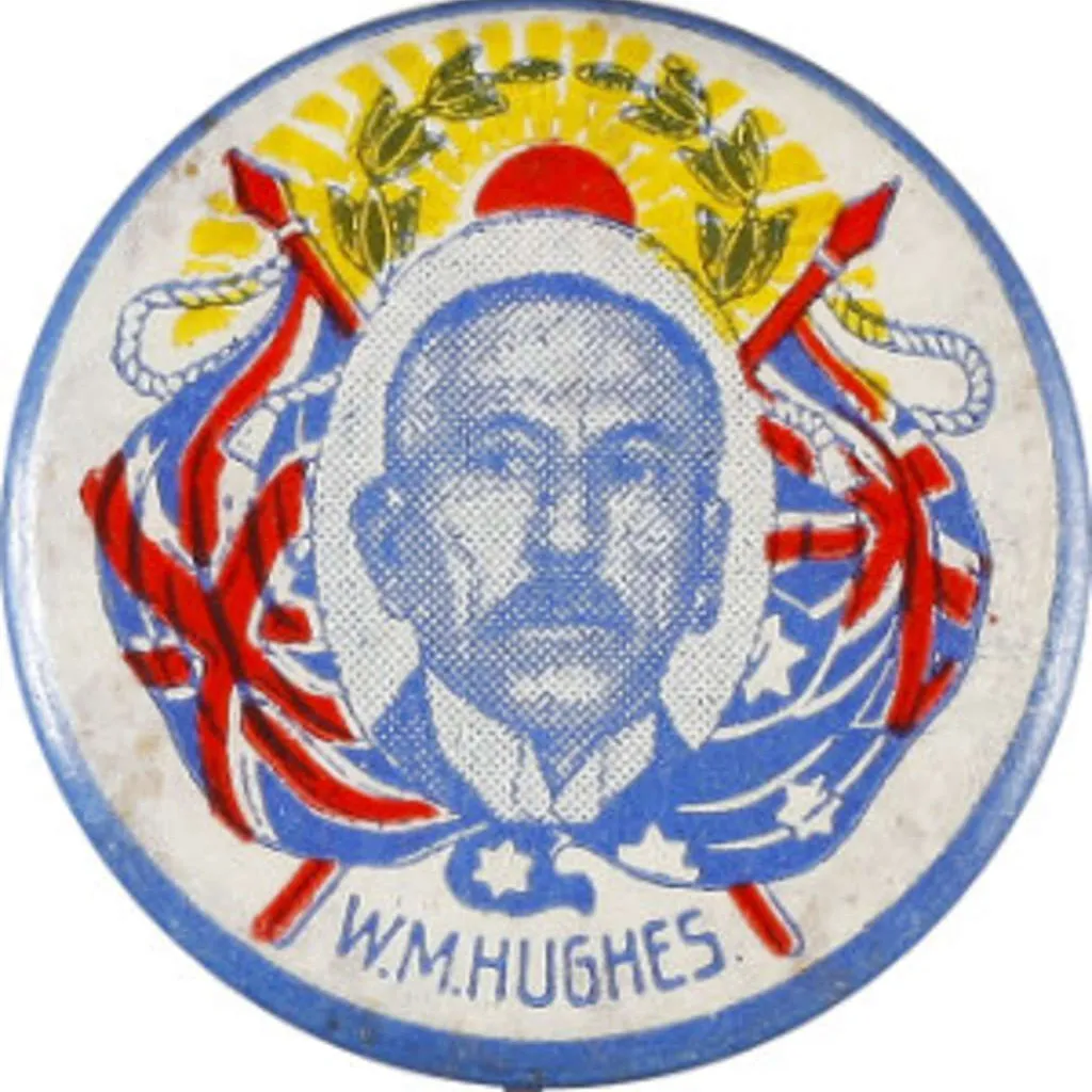 Billy Hughes’ nickname of ‘The Little Digger’ helped to endear him to patriotic Australians who remembered him for his leadership during the First World War. This campaign badge shows Hughes festooned with the symbols of Britain and Empire, an association he cultivated vigorously. This campaign badge shows Hughes festooned with the symbols of Britain and Empire
