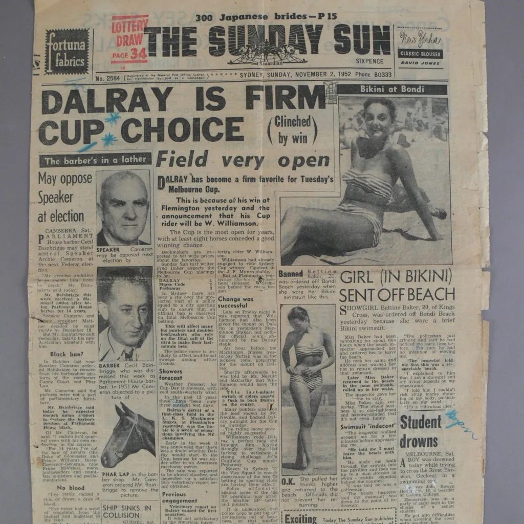 Front cover of the Sunday Sun with various stories, including one entitled 'The barber's in a lather: may oppose Speaker at election.' illustrated with headshot photos of Archie Cameron, Cecil Bainbrigge and Phar Lap. Front cover of the Sunday Sun with various stories, including one entitled 'The barber's in a lather: may oppose Speaker at election.' illustrated with headshot photos of Archie Cameron, Cecil Bainbrigge and Phar Lap.