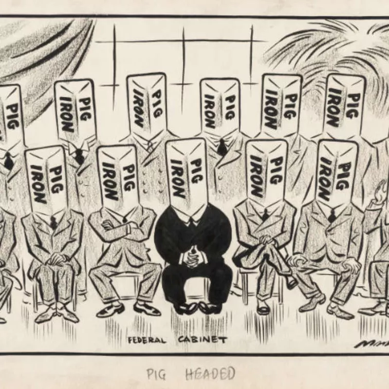 A cartoon depicting the entire Lyons Cabinet with heads made from pig iron