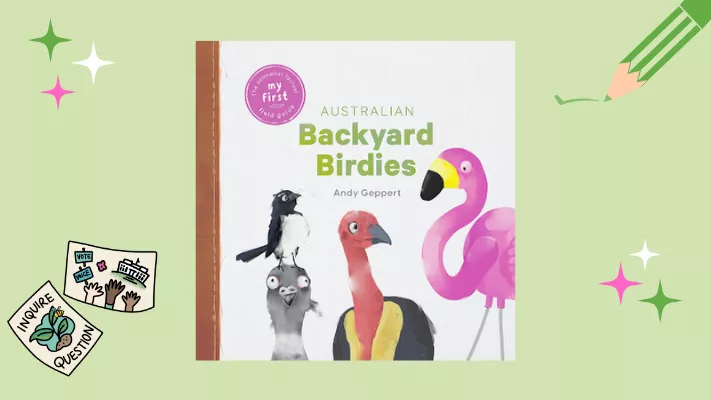 Book cover of 'Australian Backyard Birdies' by Andy Geppert, showing a flamingo, a turkey, a pigeon and a willie wagtail. Book cover of 'Australian Backyard Birdies' by Andy Geppert, showing a flamingo, a turkey, a pigeon and a willie wagtail.