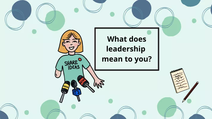 A one-armed person with shoulder-length fair hair, standing in front of three microphones, with the words 'What does leadership mean to you?' in a square. A one-armed person with shoulder-length fair hair, standing in front of three microphones, with the words 'What does leadership mean to you?' in a square.