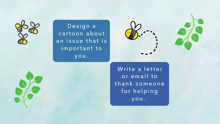 Two blue squares with activities on making a difference, surrounded by bees and green plants. Two blue squares with activities on making a difference, surrounded by bees and green plants.
