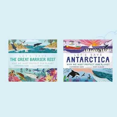 Blue image featuring book covers from the Let's save book series. Blue image featuring book covers from the Let's save book series.