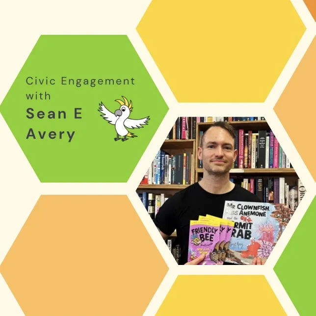 Multicolour tiles with a photo of a man in the centre tile. He holds Friendly Bee picture books up. Text on one tile reads, 'Civic engagement with Sean E Avery'. Multicolour tiles with a photo of a man in the centre tile. He holds Friendly Bee picture books up. Text on one tile reads, 'Civic engagement with Sean E Avery'.