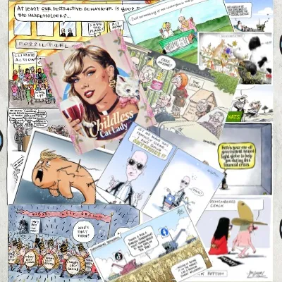 A collage of political cartoons including Taylor Swift as a 'childless cat lady' and others related to cost of living, the environment and First Nations representation. A collage of political cartoons including Taylor Swift as a 'childless cat lady' and others related to cost of living, the environment and First Nations representation.