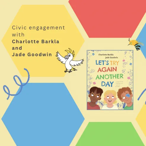 Yellow page with coloured shapes and the cover of book 'Let's try again another day'. Yellow page with coloured shapes and the cover of book 'Let's try again another day'.