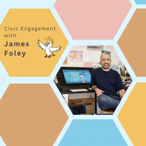 Author James Foley wearing a blue T-shirt and jeans sits next to a computer. Text reads 'Civic engagement with James Foley'. Author James Foley wearing a blue T-shirt and jeans sits next to a computer. Text reads 'Civic engagement with James Foley'.