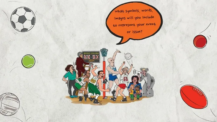 Various coloured sporting balls surround a cartoon of politicians playing netball. Various coloured sporting balls surround a cartoon of politicians playing netball.