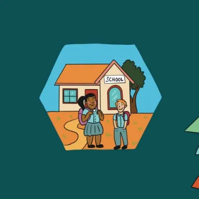 A graphic of a two students outside a school on a green background with a yellow sun.