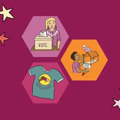 Graphic illustrations of voting and civic engagement activities on a dark pink background with stars. Graphic illustrations of voting and civic engagement activities on a dark pink background with stars.