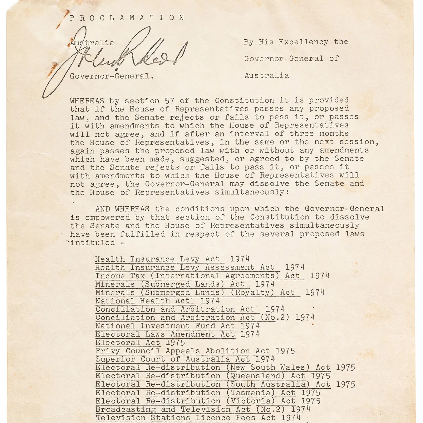 Front page of the proclamation dissolving parliament in 1975.