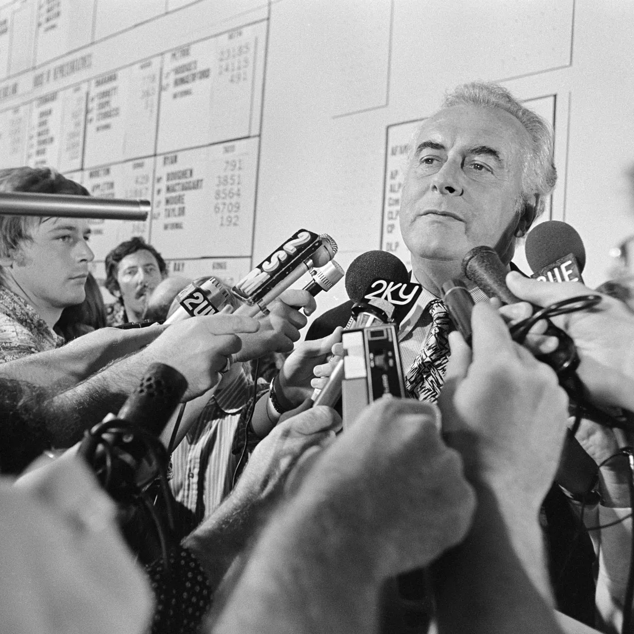 Gough Whitlam with microphones in his face stands in front of the 1975 election results tally board in the National Tally Room.