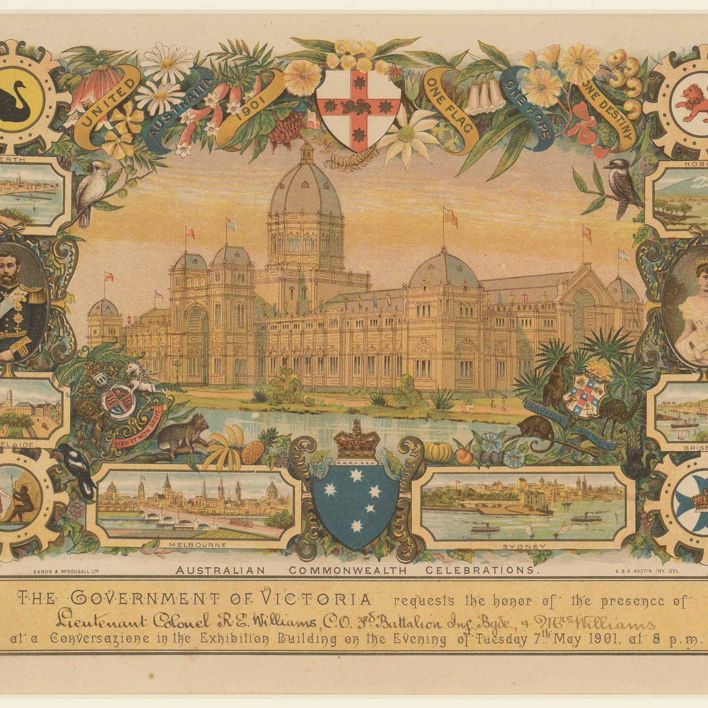 An invitation for an event for the opening of parliament in 1901 featuring an illustration of Melbourne's Exhibition Building and each Australian state's capital city.