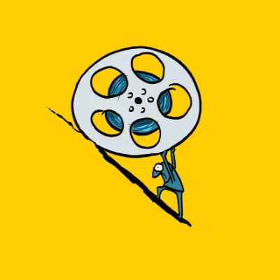 An illustration that's playing on the myth of Sisyphus, it features someone pushing a reel of film up a hill