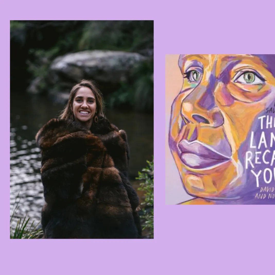 An image of Kirli Saunders near a creek, near images of the cover of her books 'The Land Recalls You' and 'Our Dreaming'.
